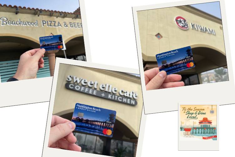 Holding HBCU debit card in front of various local HB businesses