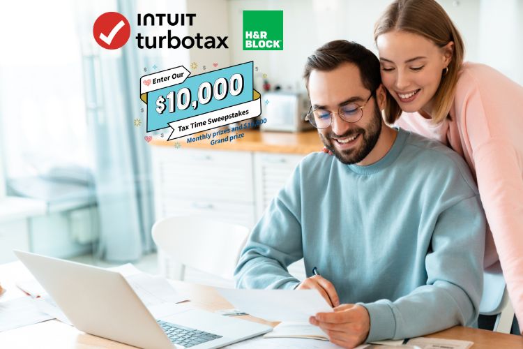 Couple at laptop with Intuit Turbotax and H&R Block logos, plus banner stating 'Enter our $10,000 Tax Time Sweepstakes' contest